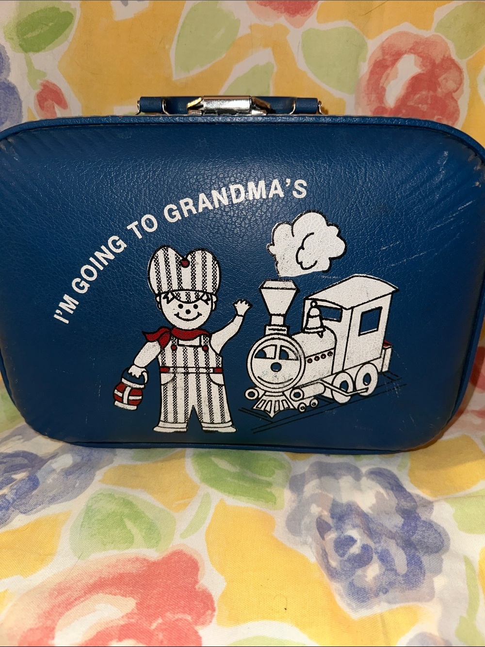 vintage 'I'm Going to Grandma's' suitcase blue train kid luggage choo choo